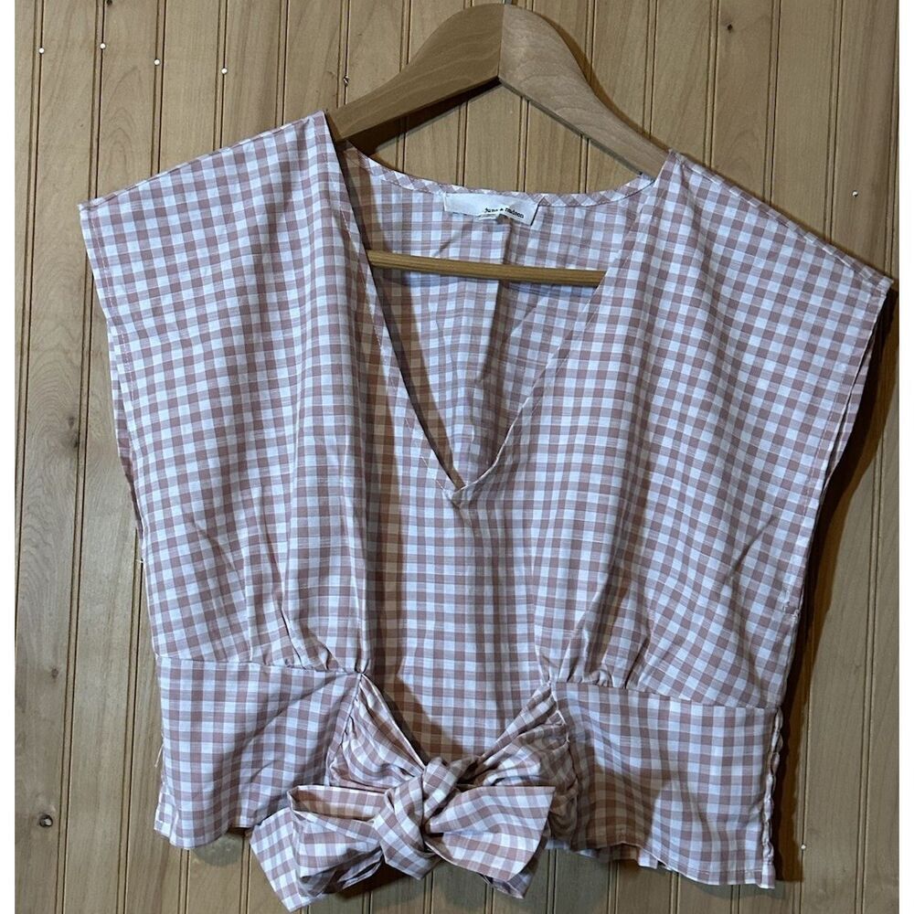 June & Hudson Dusty Rose Gingham Sleeveless Blouse Size 1 Elastic Stretch Waist